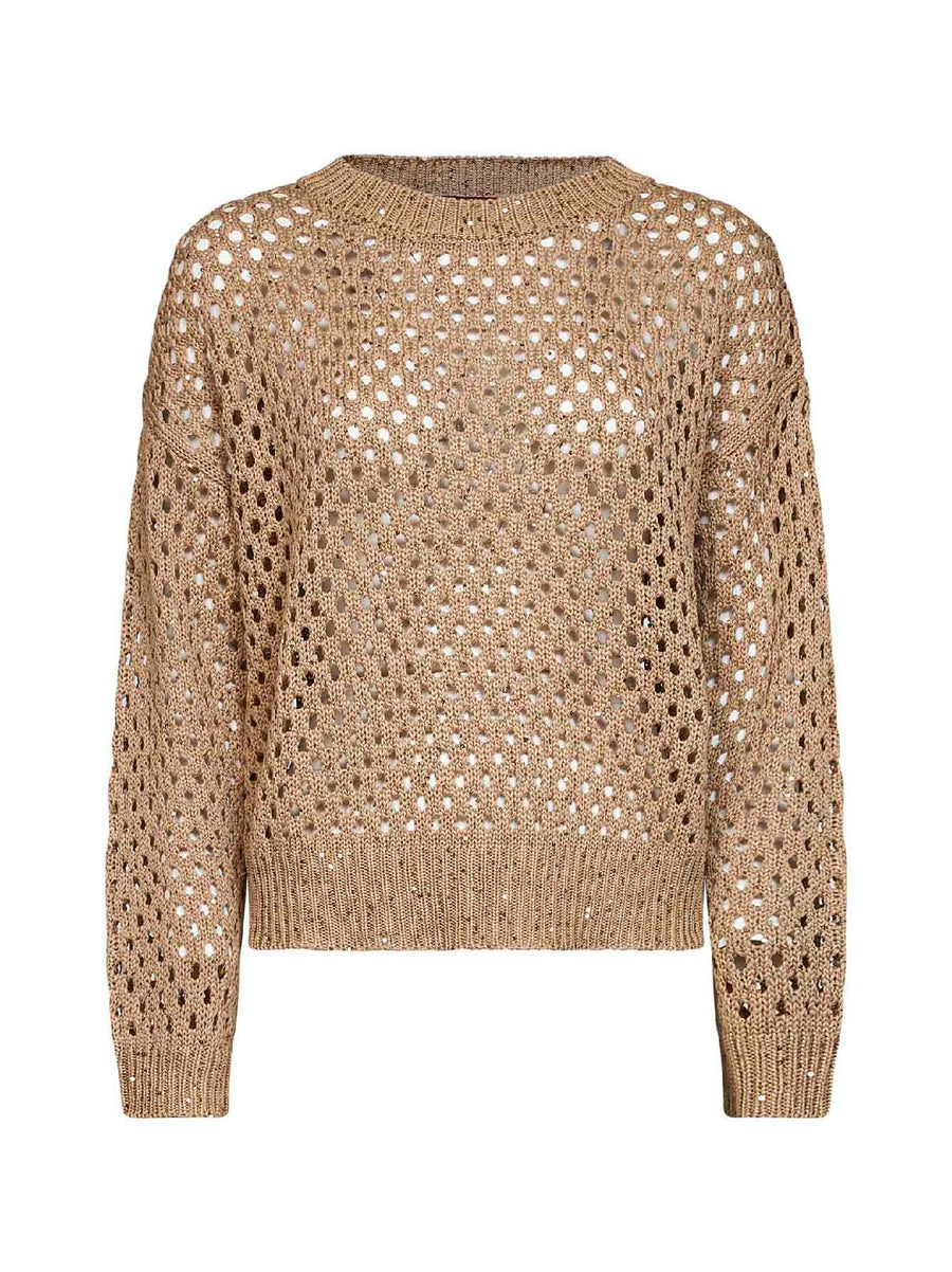 Knit Top Boxy Sequin Camel Cotton