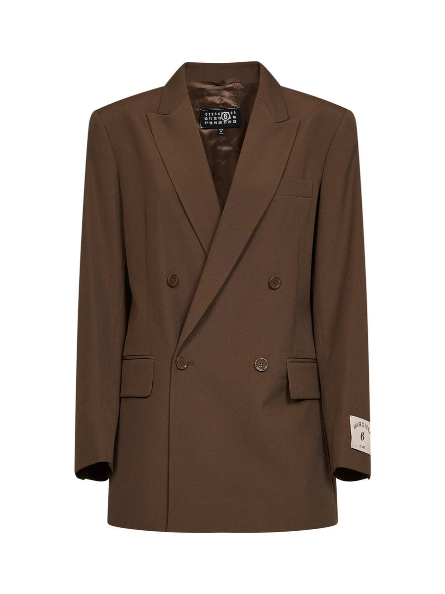 Blazer Double-Breasted Wool-Blend Brown Polyester Jacket