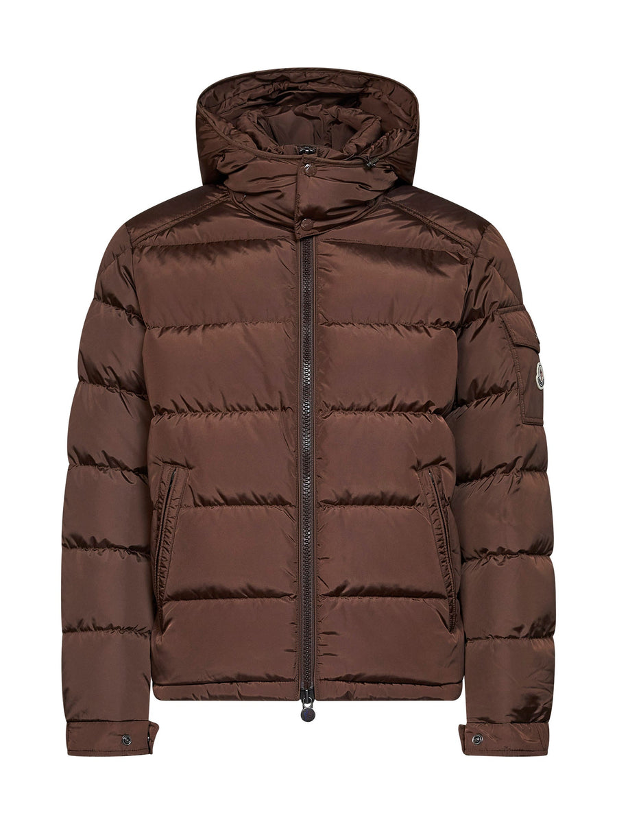 Short Hooded Down Jacket Matte Brown Polyamide Padded &
