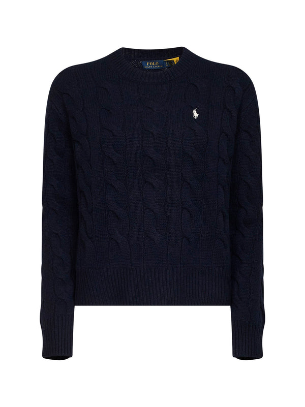 Cable-Knit Crewneck Sweater, Wool-Cashmere Blue