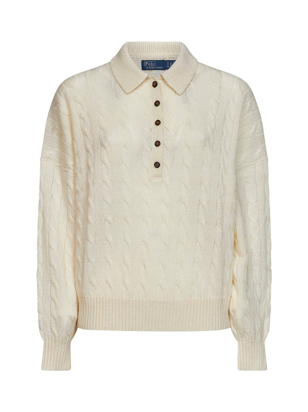 Polo Shirt Cable-Knit Wool-Cashmere Ivory Knitwear
