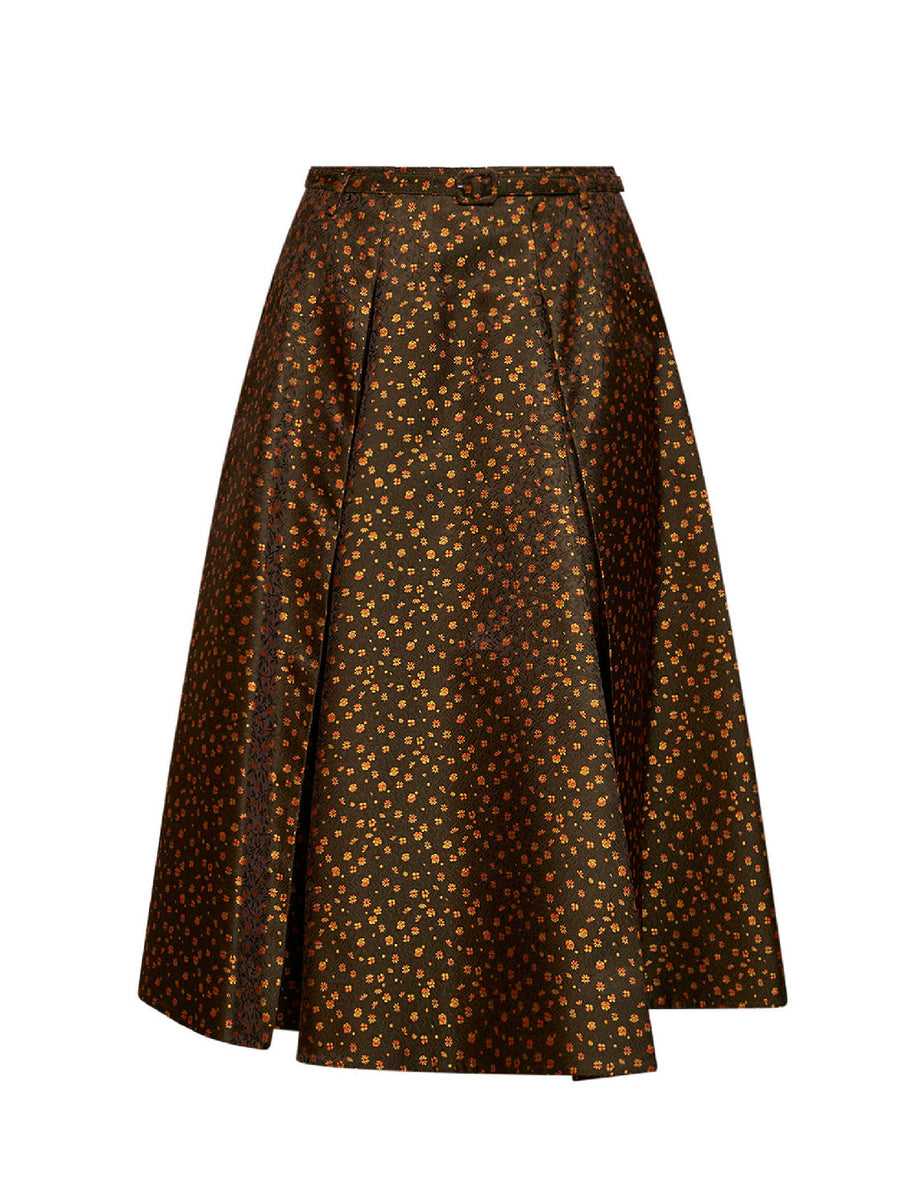 Midi Skirt Belted Multicolour Floral Jacquard Polyester