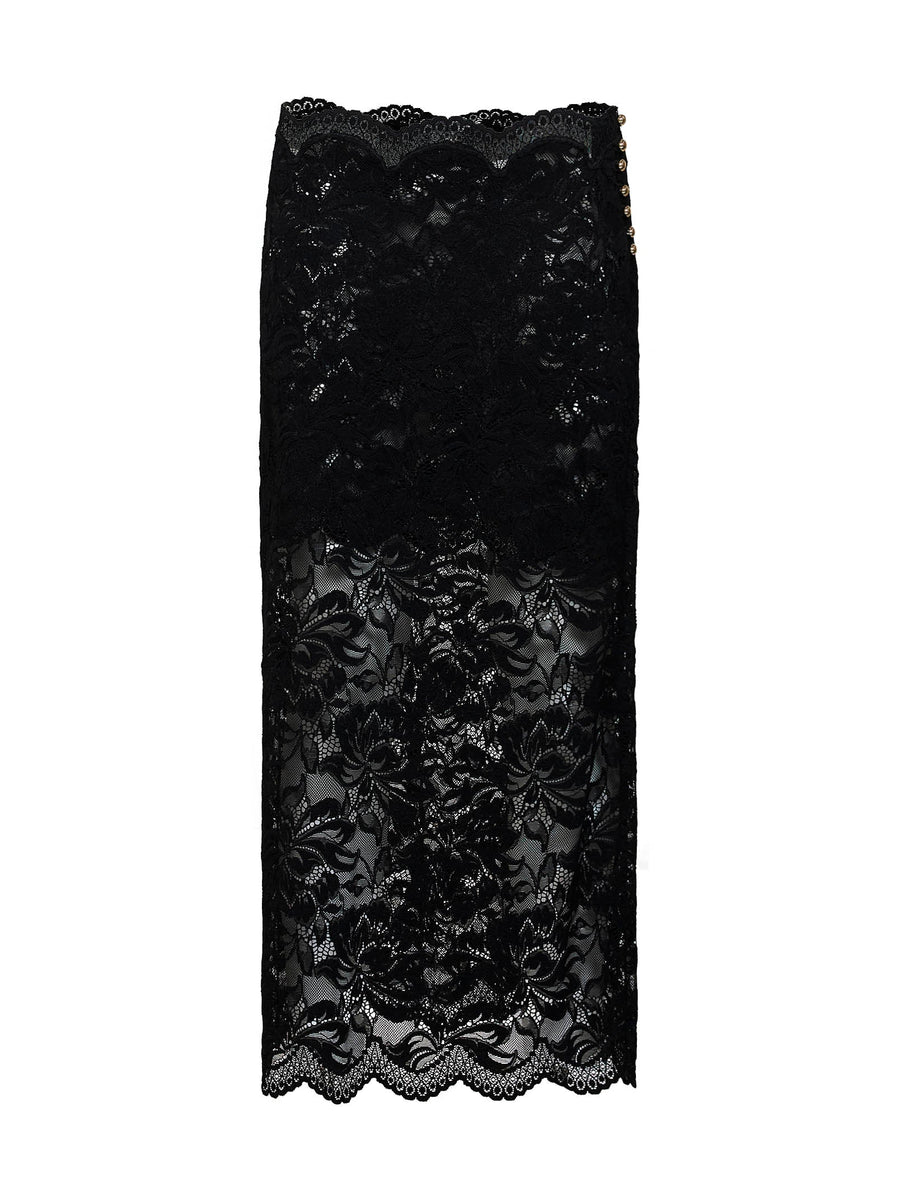 Midi Skirt Black Floral Lace Polyamide