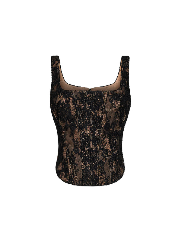 Corset Top Black Lace Polyamide Tops