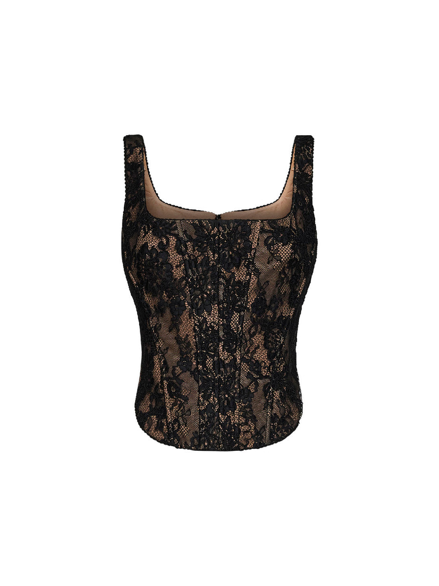 Corset Top Black Lace Polyamide Tops