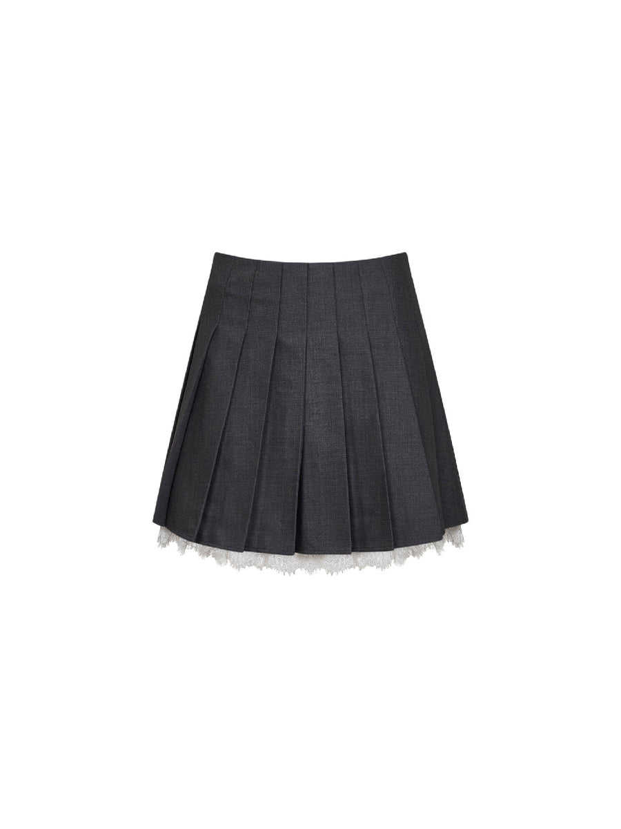 Skirt Pleated Mini Grey Wool-Blend Polyester
