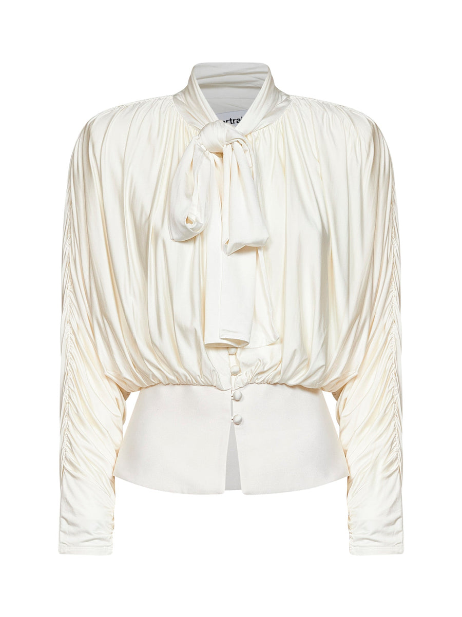 Gathered Tie Neck Jersey Top Ivory Viscose Tops