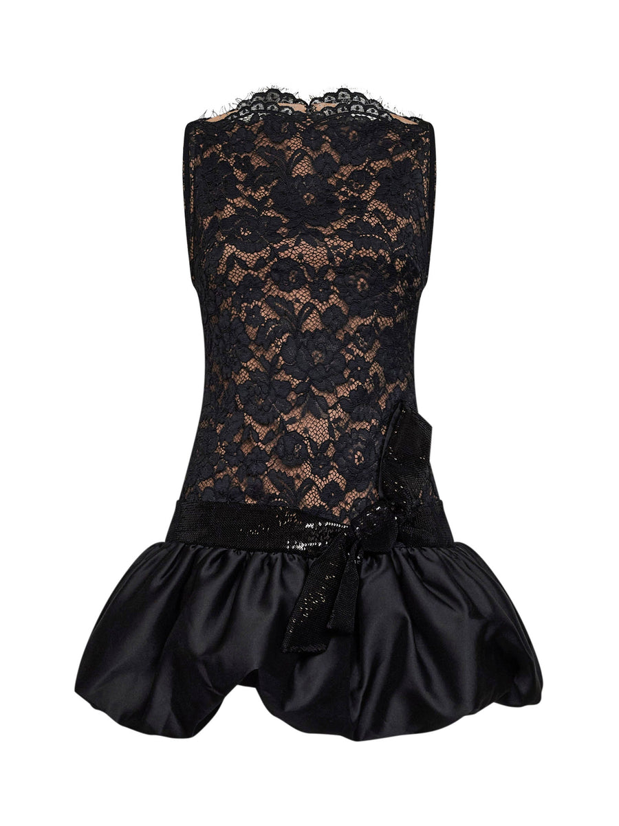 Lace Mini Dress With Bubble Hem Black Polyester