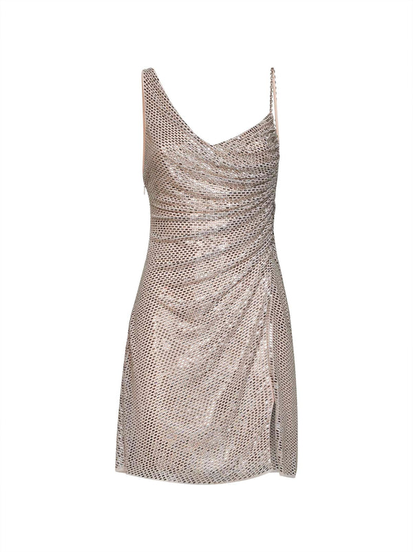 Mini Dress Nude Tulle Rhinestones Polyester