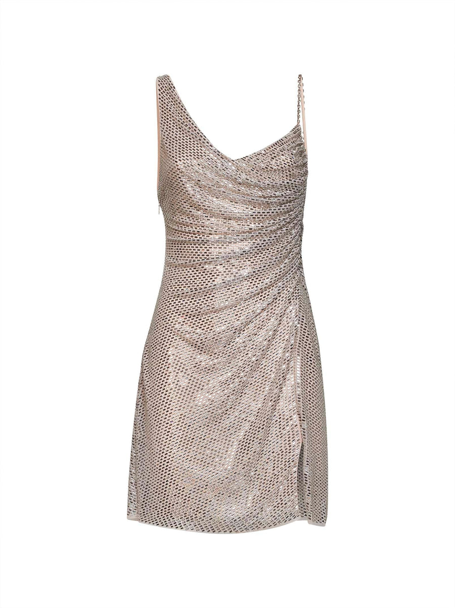 Mini Dress Nude Tulle Rhinestones Polyester