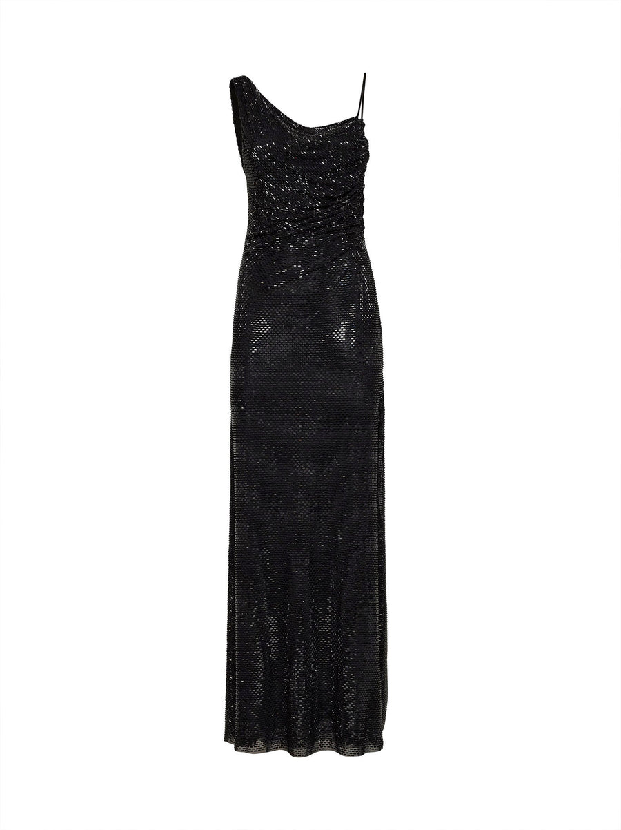 Maxi Dress Draped Tulle Black Polyester