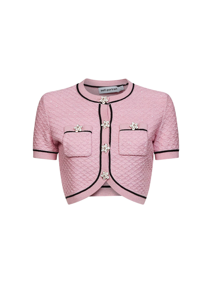 Cardigan Cropped Sequin Knit Pink Polyester Cardigans