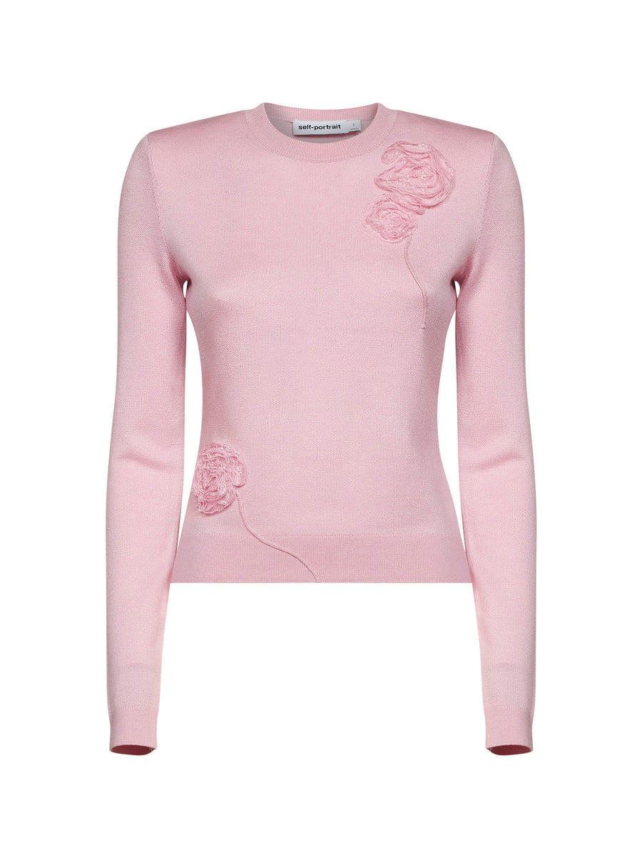 Knit Jumper With Floral Detail Pink Polyester