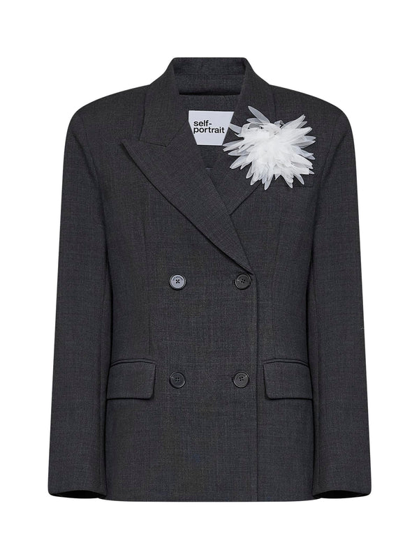Double-Breasted Wool-Blend Blazer Grey Polyester Jacket
