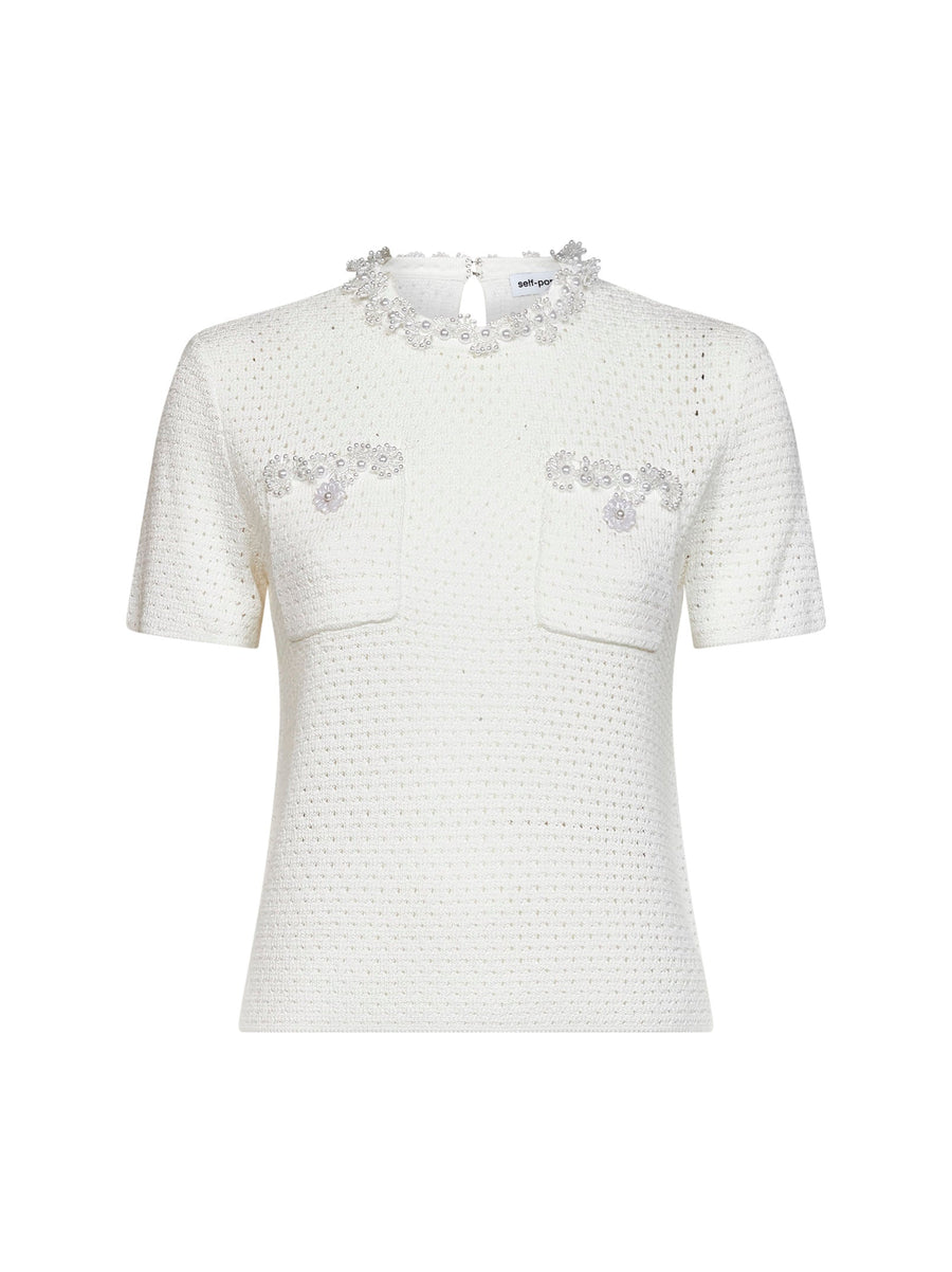 Openwork Knit Top With Beaded Embroidery White Cotton