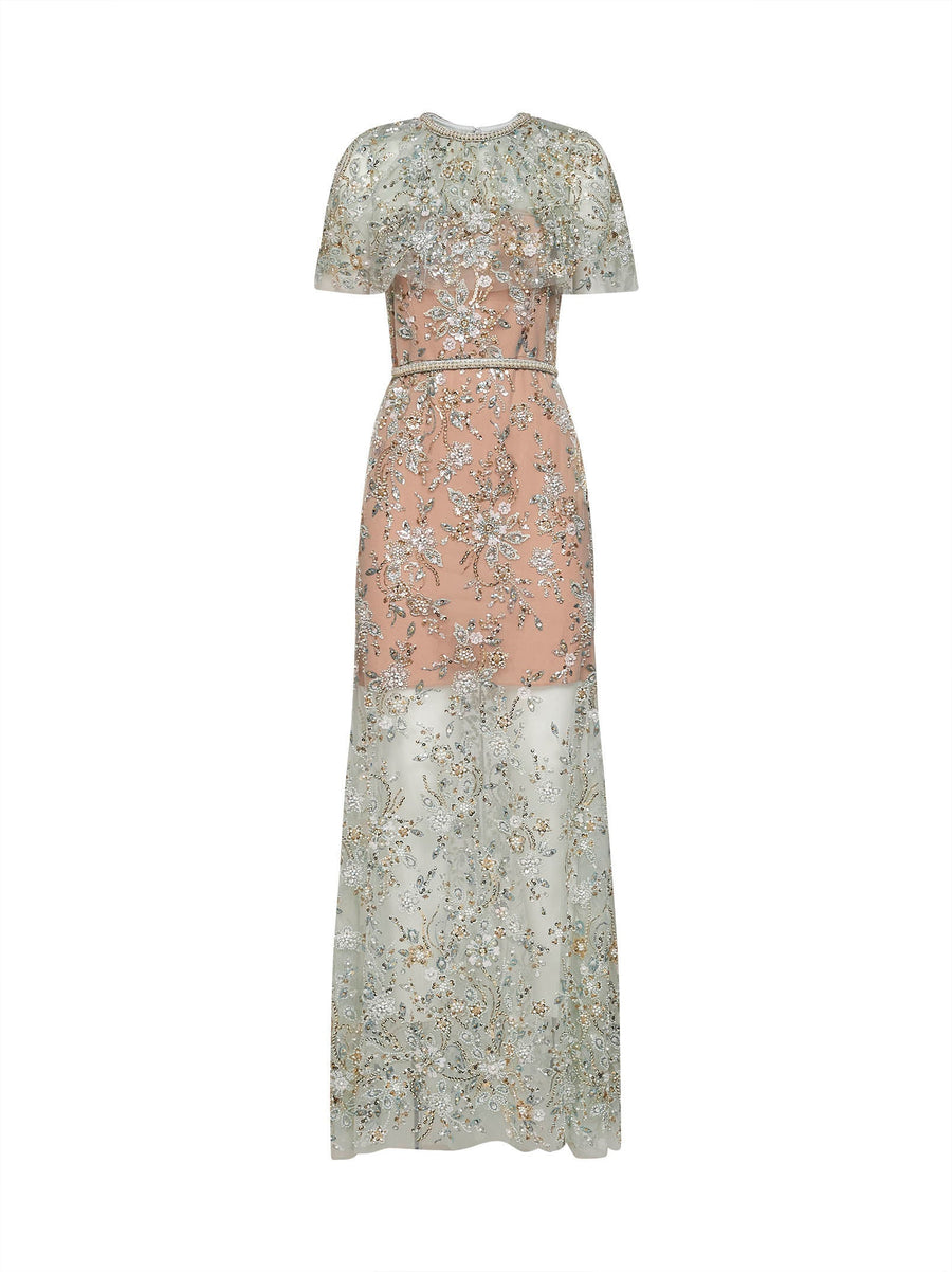 Dress With Tulle Cape Green Polyester