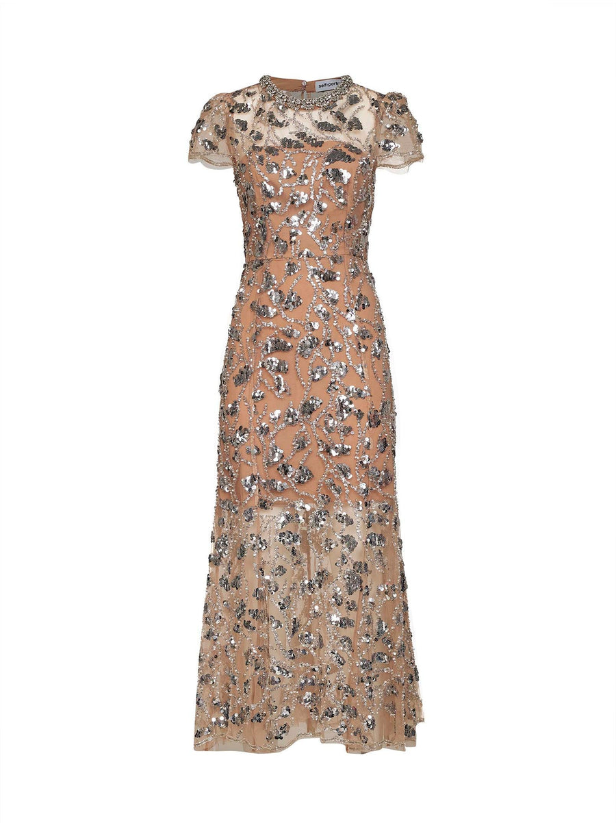 Midi Dress Nude Tulle With Silver Sequins Polyester