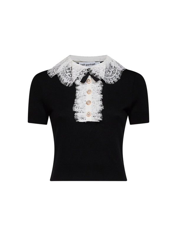 Knit Top With Lace Collar Black Wool
