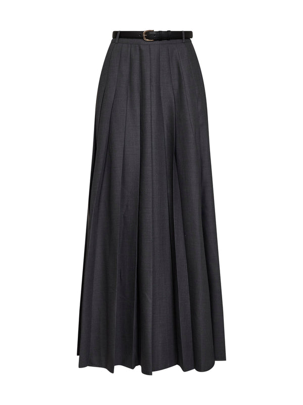 Skirt Belted Pleated Maxi, Grey Wool Blend Polyester