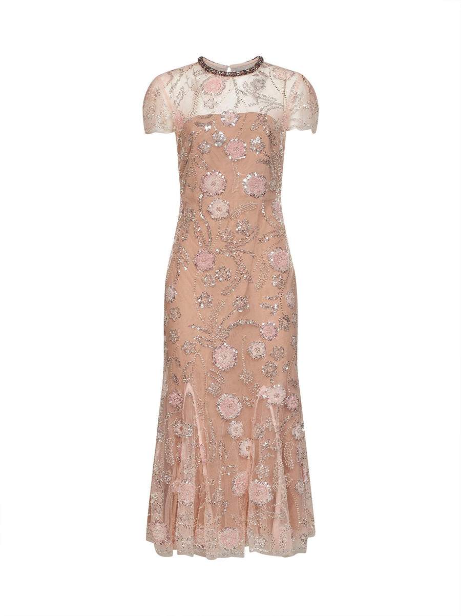 Dress Pink Tulle Midi With Sequin Flowers Polyester
