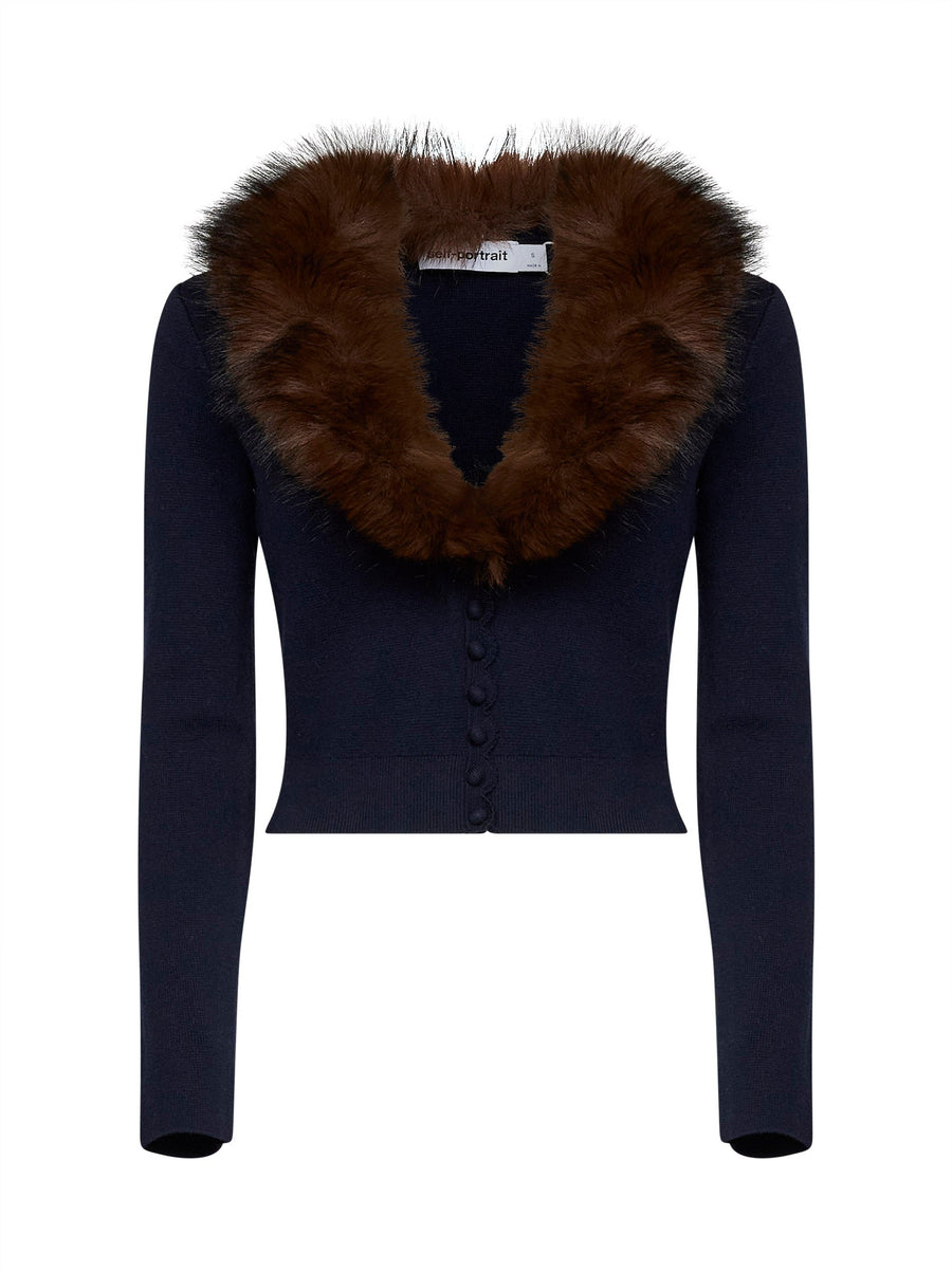 Cardigan With Faux-Fur Collar Navy Blue Wool-Blend Cardigans