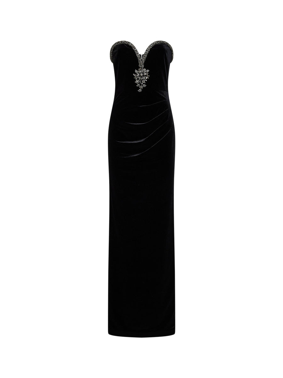 Long Bustier Dress Black Velvet And Crystals Polyester