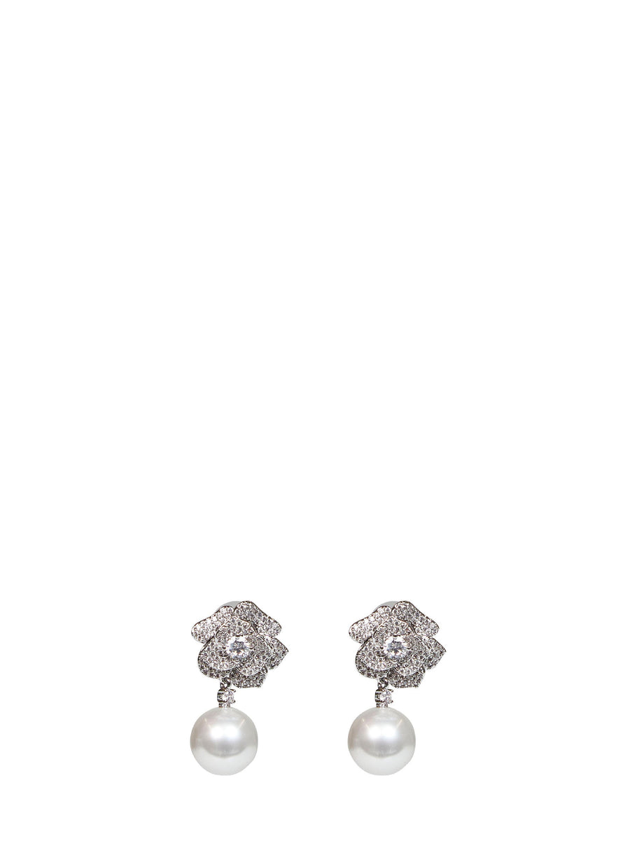 Drop Earrings Crystal Flower Pearl Silver