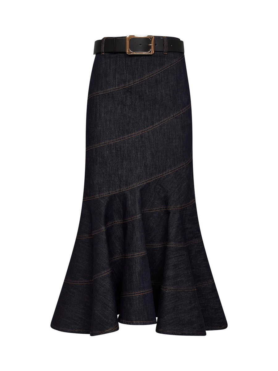 Midi Denim Belted Skirt, Indigo Blue Cotton