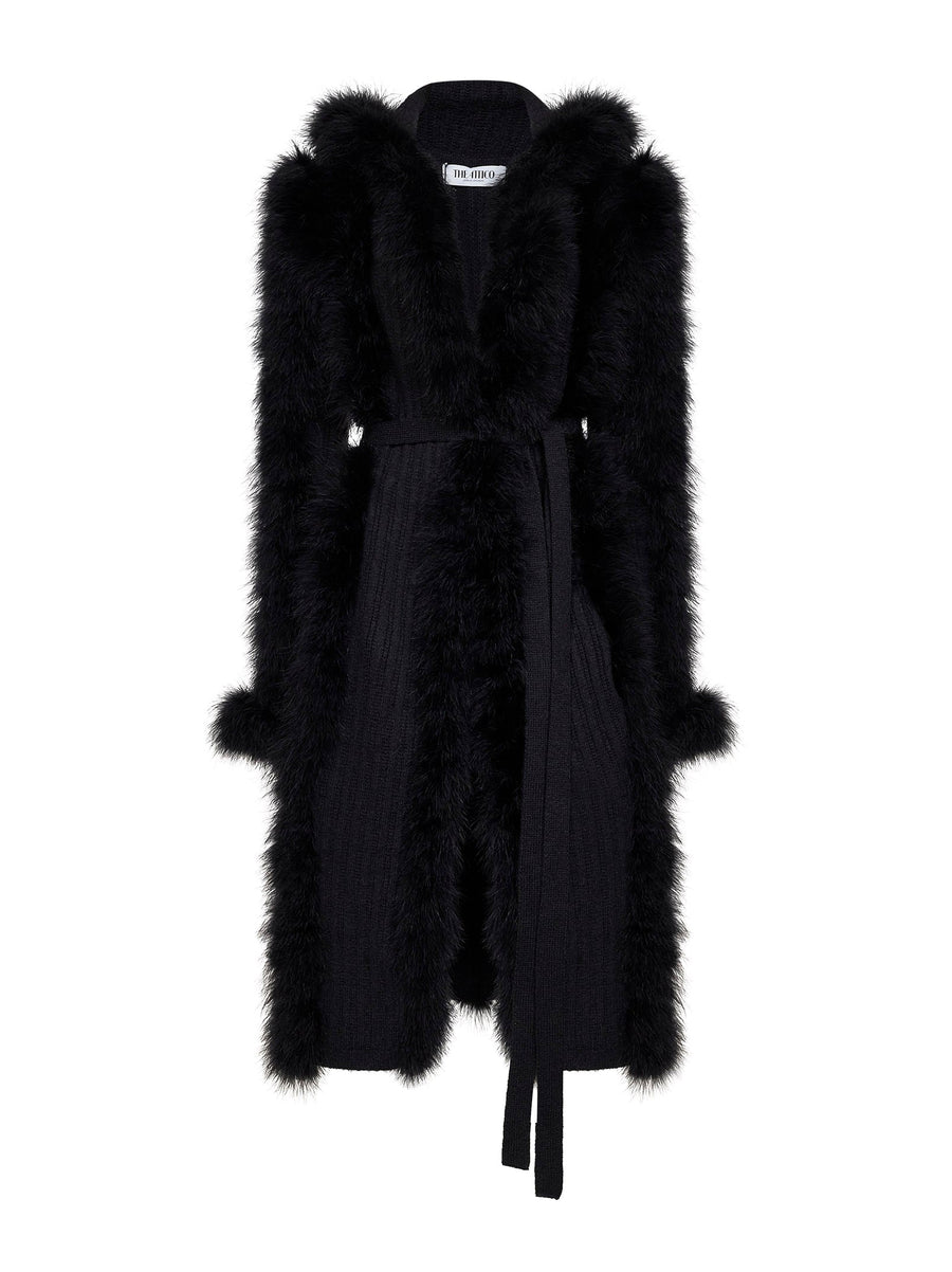 Belted Knit Cardigan With Feather Trim — Black Alpaca Cardigans