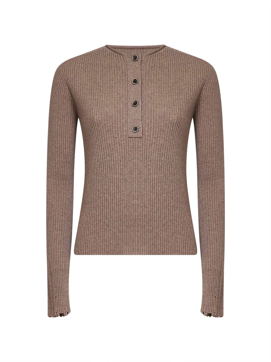 Ribbed Cashmere Henley Top Beige Knitwear