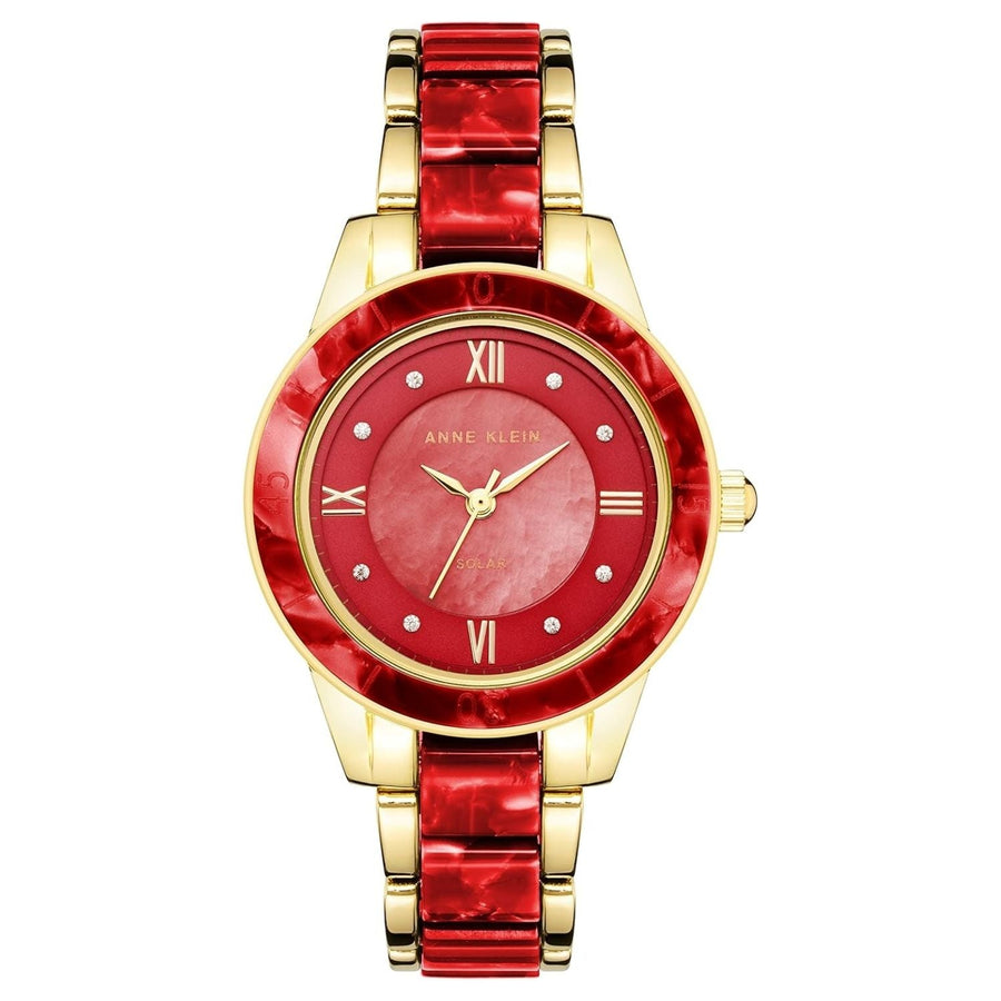Anne Klein Stainless steel case and bracelet; red resin accent watch in red