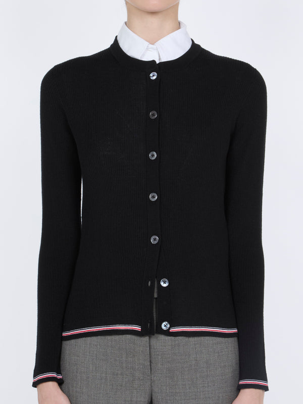 كنزة Thom Browne من الصوف الميرينو المضلع مع خطوط صوف RWB زخرفة كارديغان — أسود