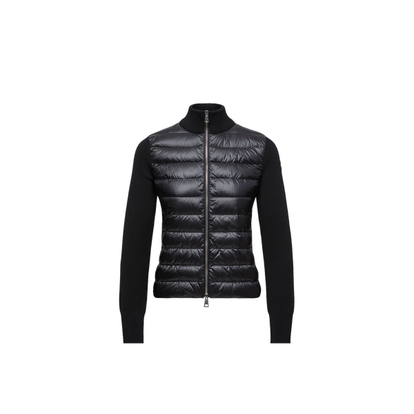 معطف منفوخ مبطن بحواف Moncler حياكة مزين بشعار جاكيت — أسود