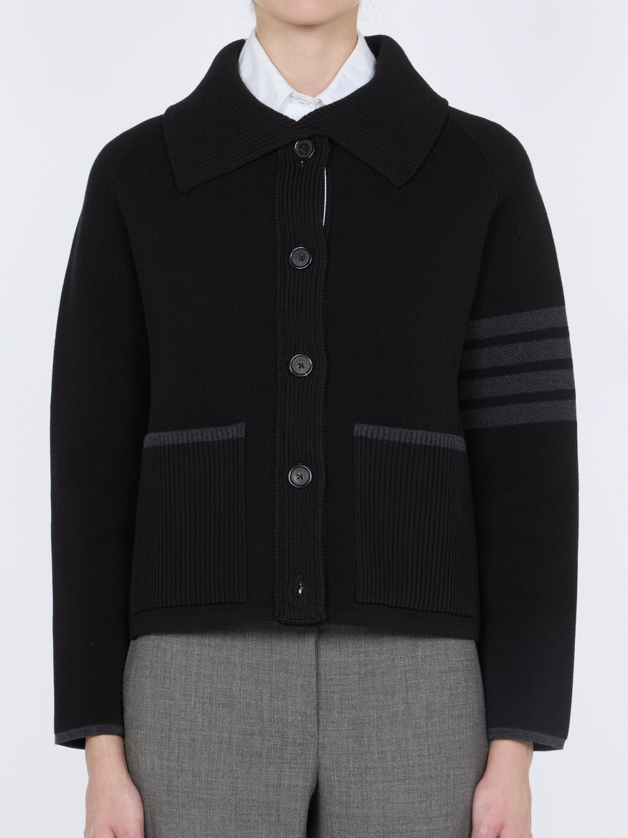 Thom Browne جاكيت مزدوج الصدر مخطط ب 4 خطوط حياكة قطن صوف جاكيت — أسود