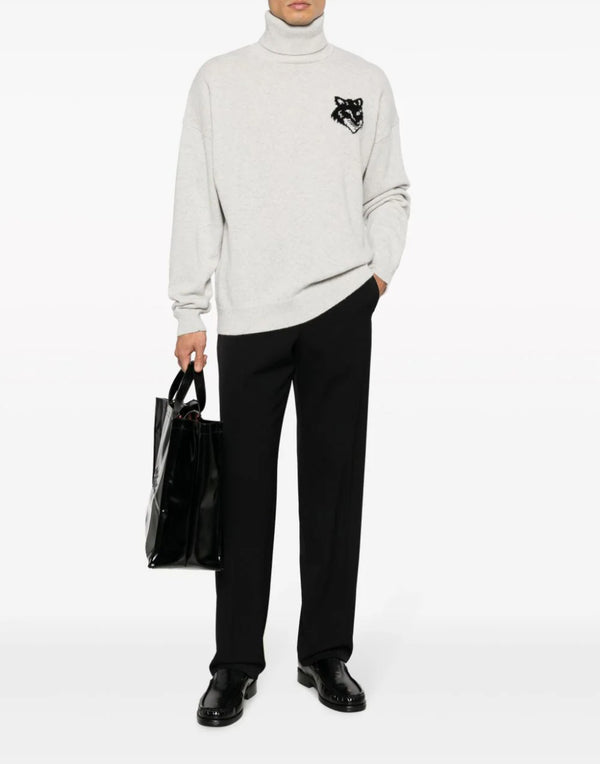 Maison Kitsunã© Fox Head Intarsia Logo Turtleneck Sweater — Gray