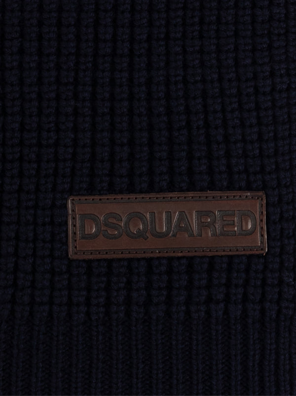 Dsquared2 Logo Patch Knit Wool Scarf — Navy