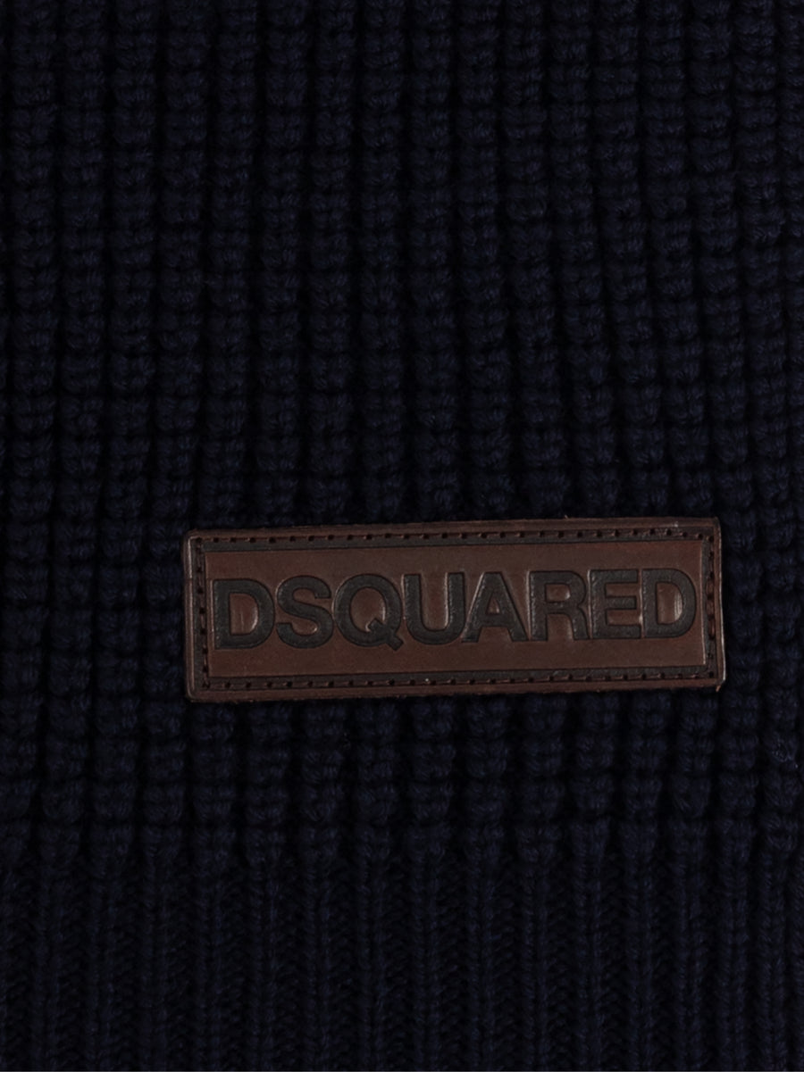 Dsquared2 Logo Patch Knit Wool Scarf — Navy
