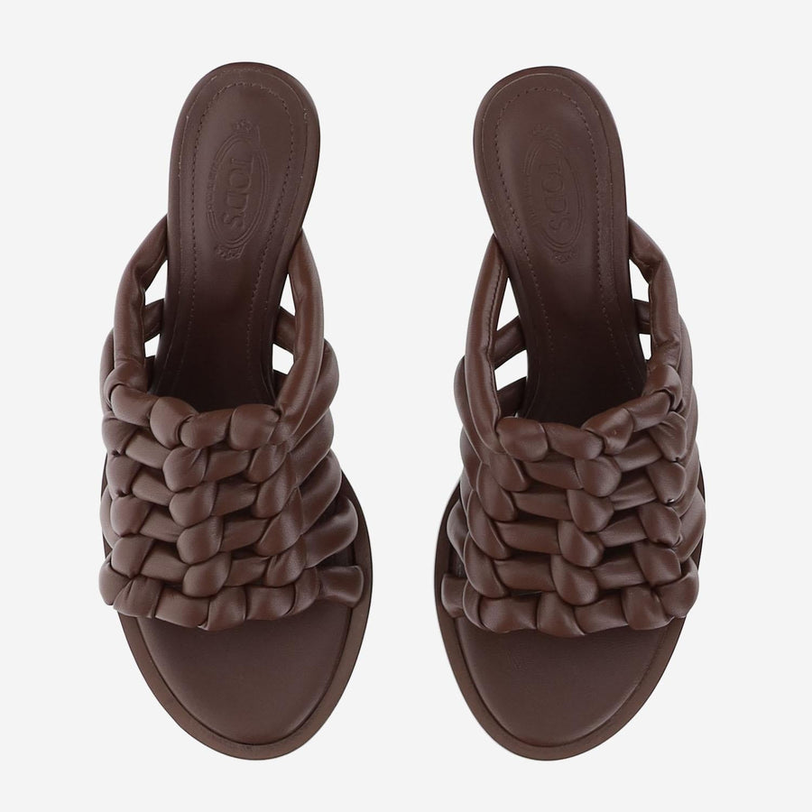Woven Leather Sandals With Medium Heel Brown Calfskin
