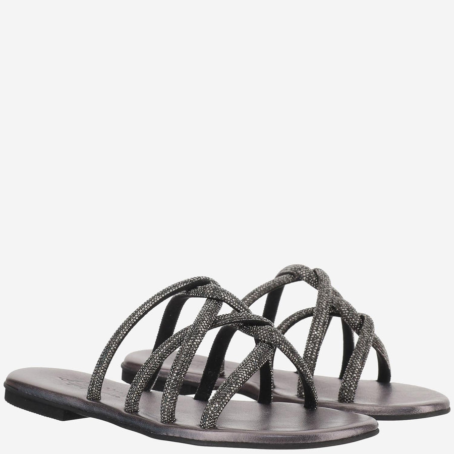 Leather Sandals With Rhinestones Anthracite