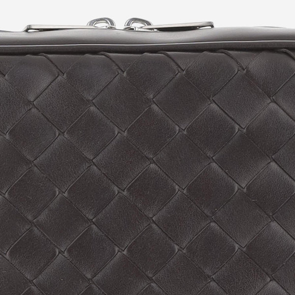 Leather Shoulder Bag, Woven Calfskin Dark Brown Bags