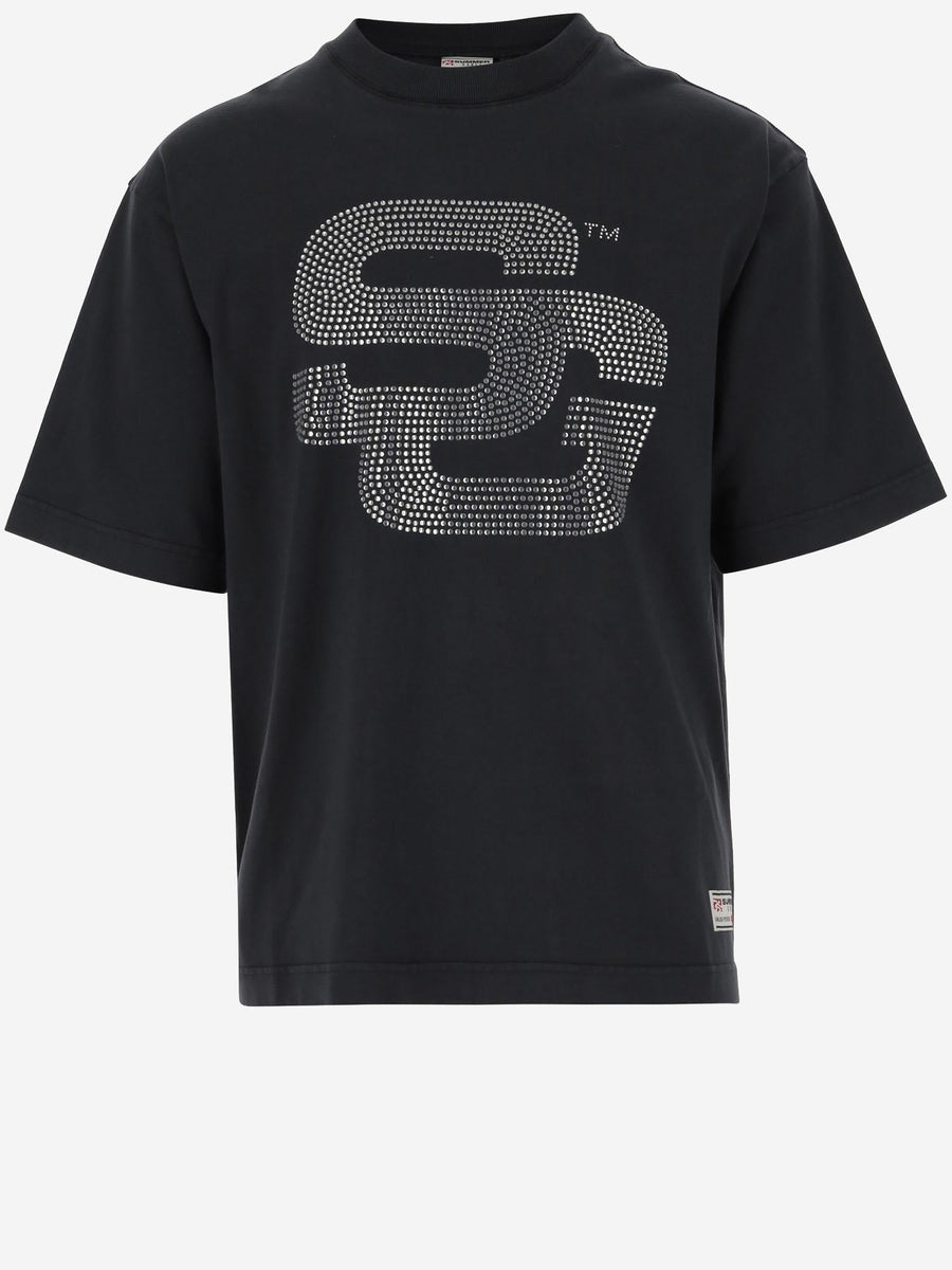 Cotton T-Shirt With Rhinestone Logo Black Organic T-shirts