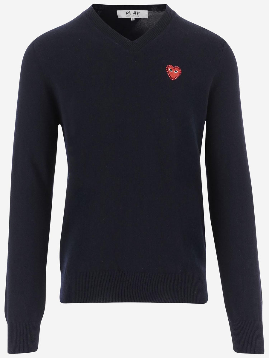 Wool V-Neck Sweater With Logo Navy