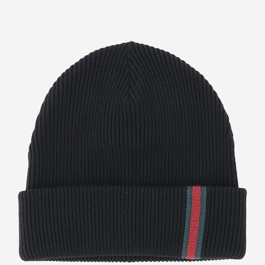 Wool Beanie With Web Stripes Black Hat