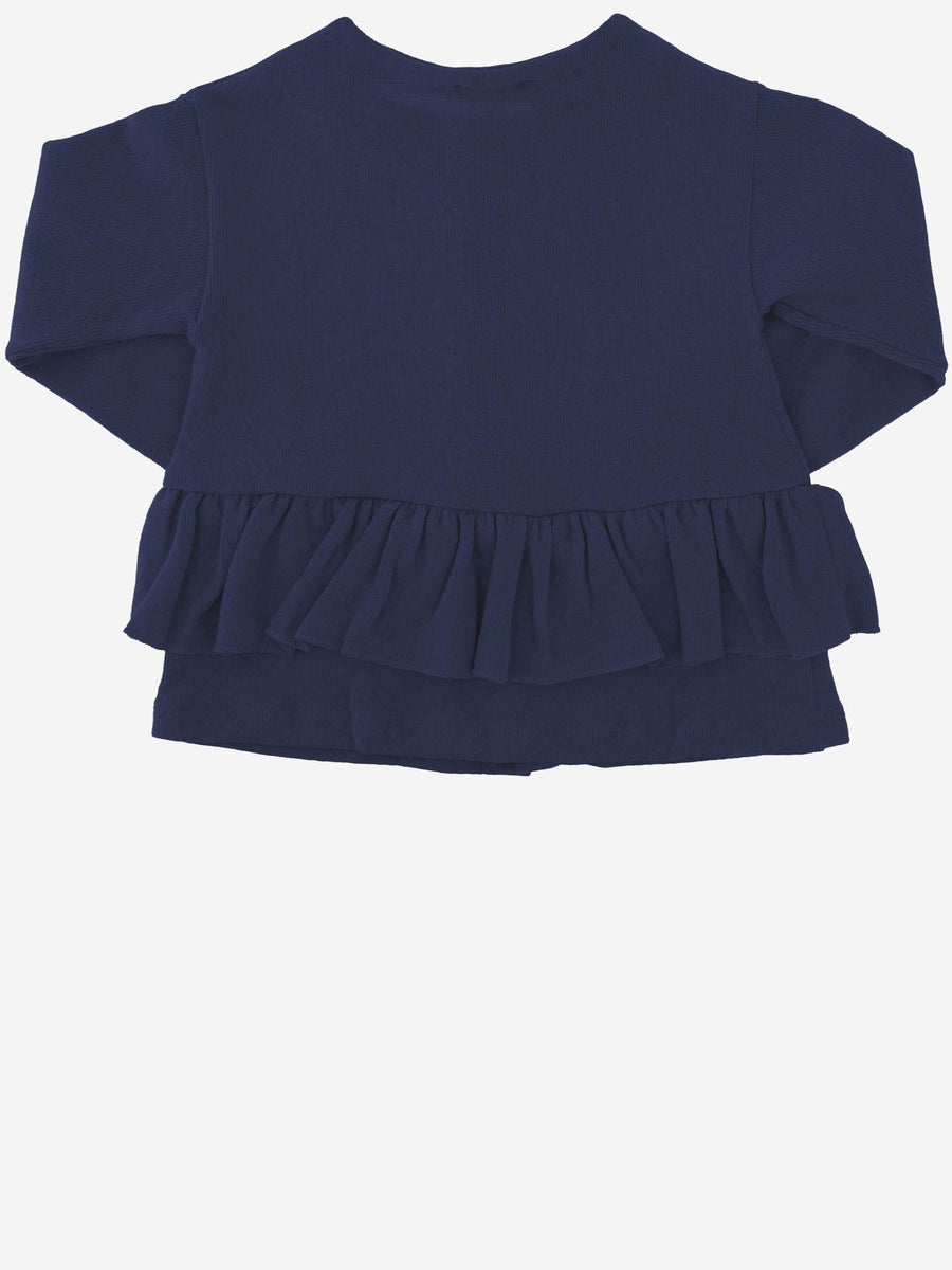 Stretch Cotton Blend Cardigan With Ruffled Hem Navy