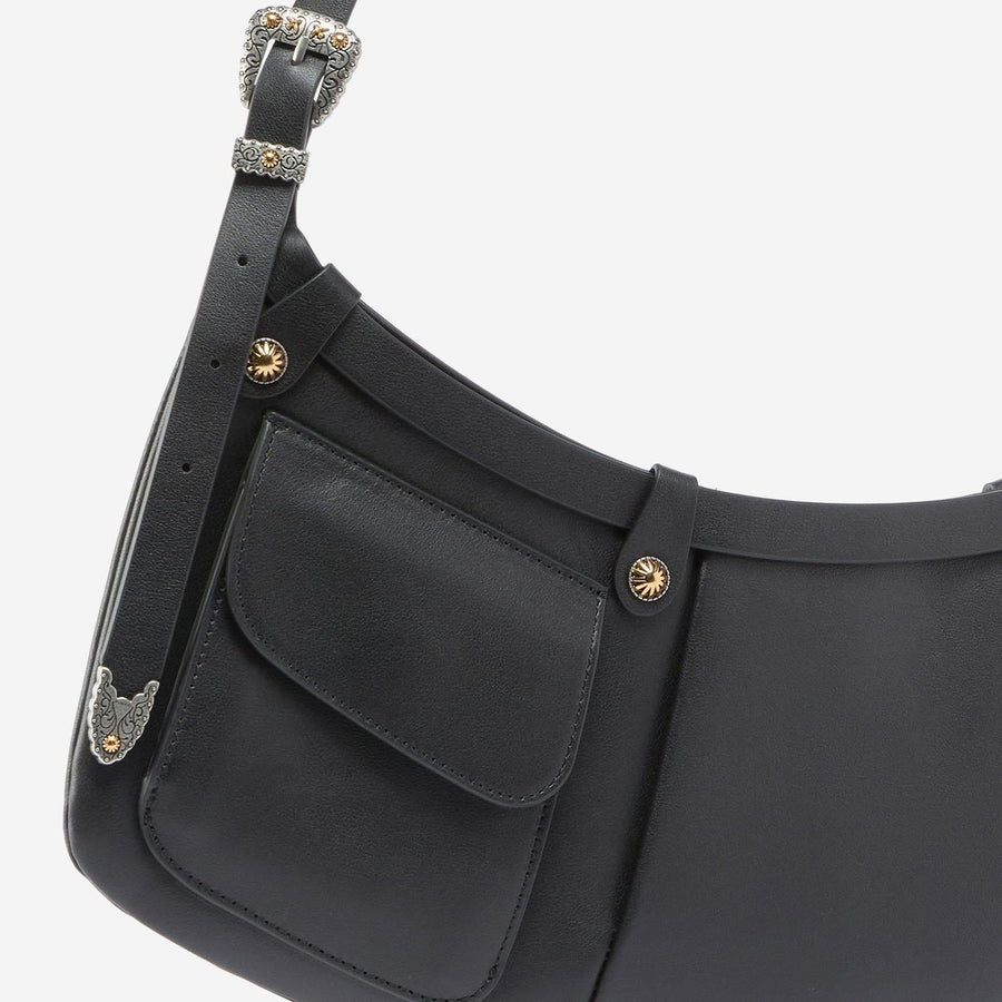 Shoulder Bag Pocket Body Black Leather