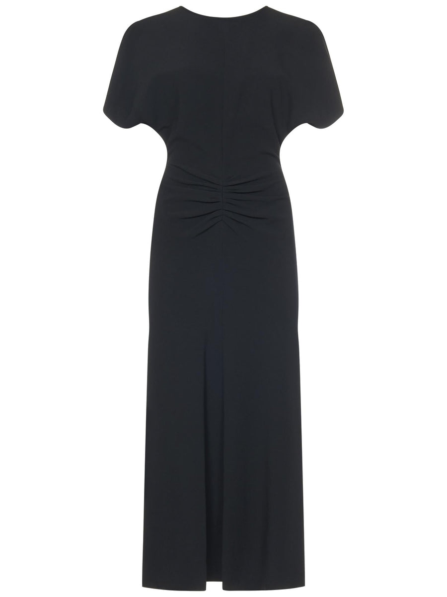 Midi Dress Gathered Waist Black Viscose