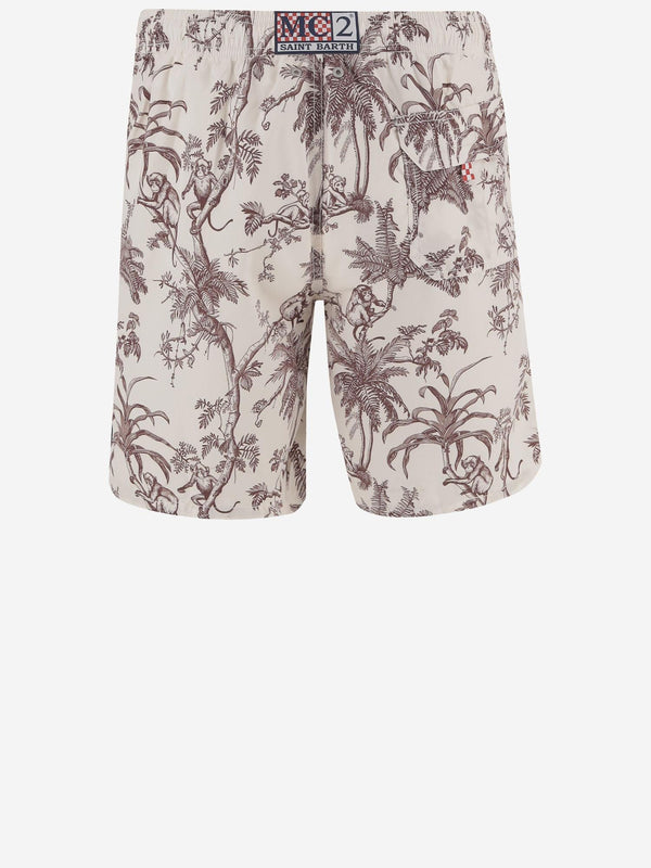 Nylon Swim Shorts Tropical Print Beige Polyester Beachwear