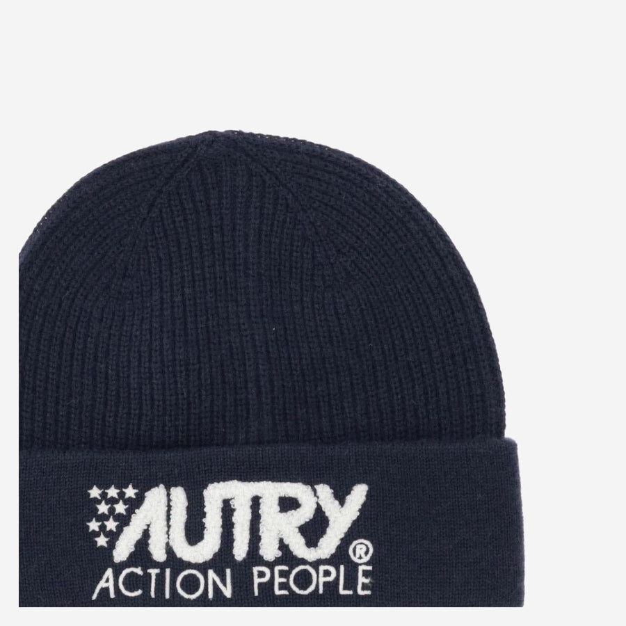 Wool Blend Beanie With Logo Navy Polyacrylic Hat