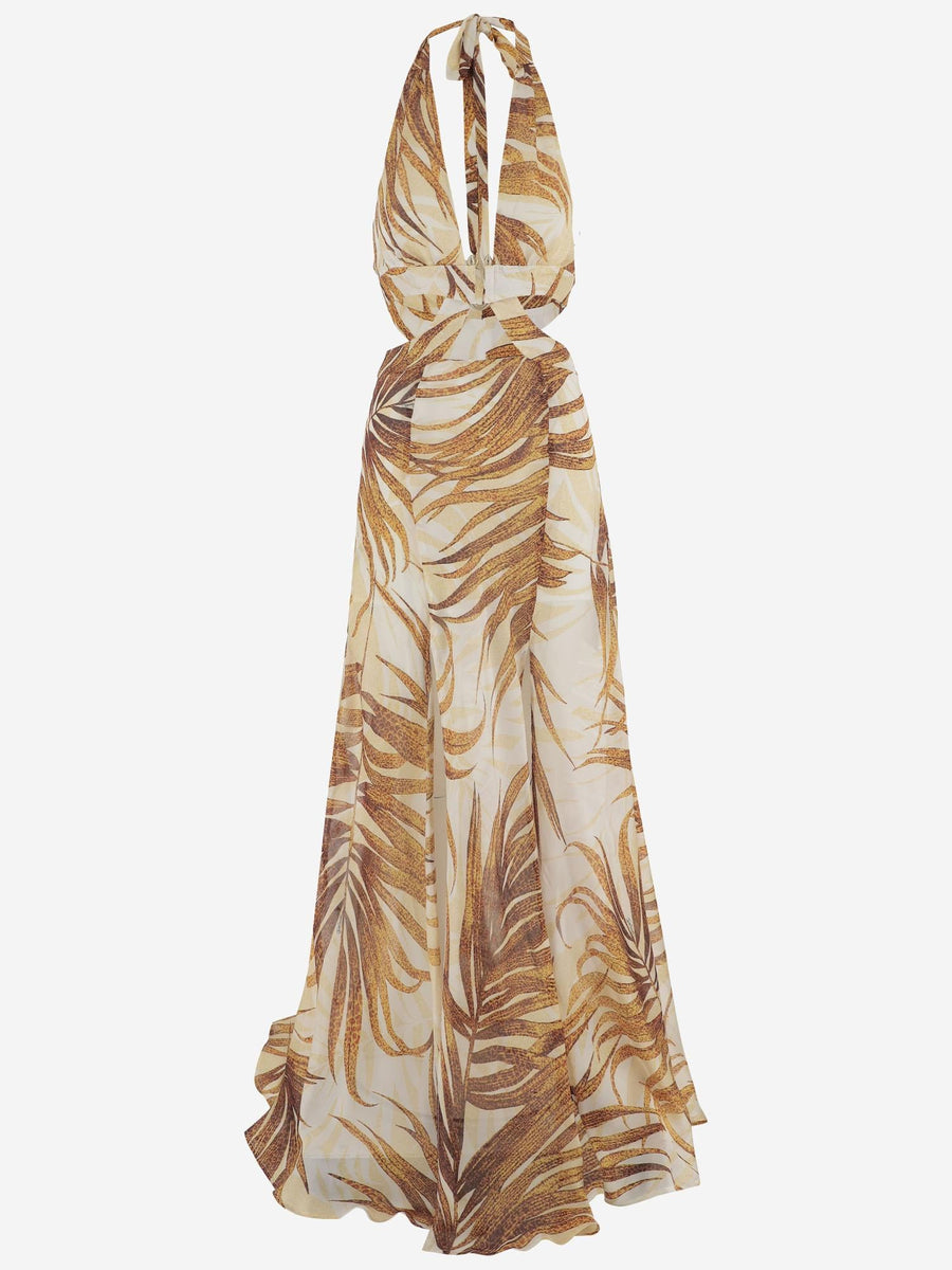 Tropical Print Long Dress Beige Polyester