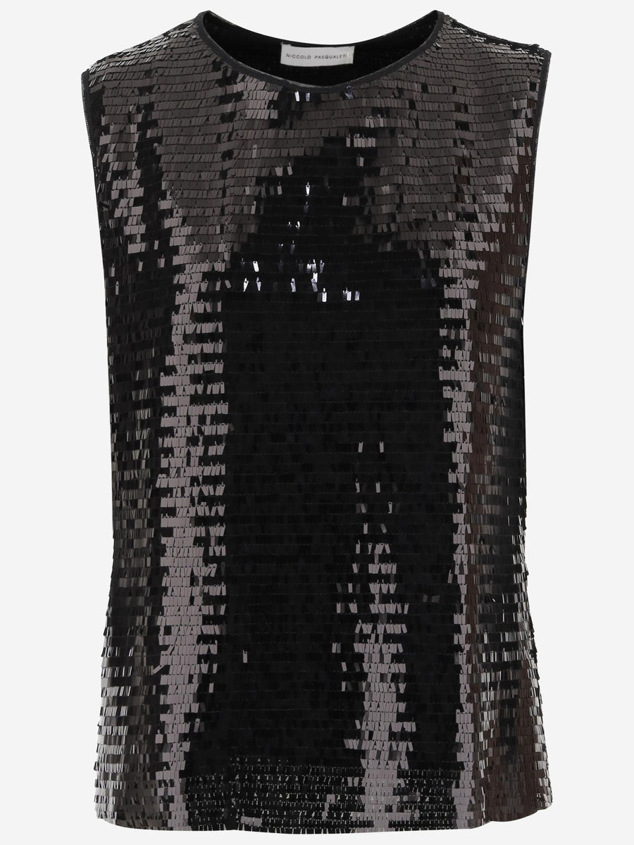 Sleeveless Top Black Sequin Fabric Polyester Tops